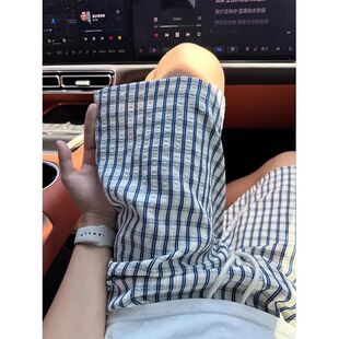 休闲沙滩大裤 泡泡纱速干格子短裤 松弛感慵懒五分裤 薄款 衩 男女夏季