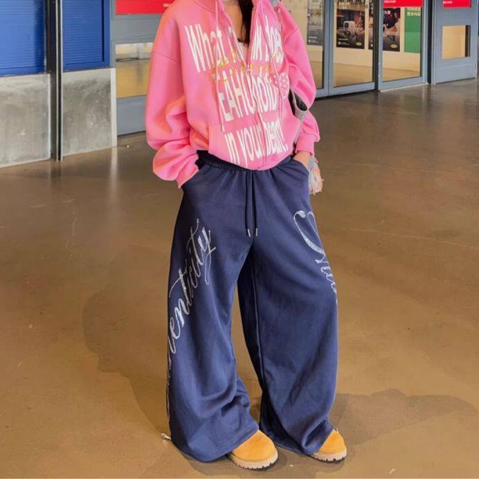 美式复古嘻哈烫钻阔腿休闲卫裤男女街舞个性运动宽松爵士舞长裤子