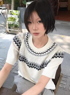 费尔岛毛衣穿搭韩系针织圆领舒适透气插肩短袖T恤男女宽松上衣潮