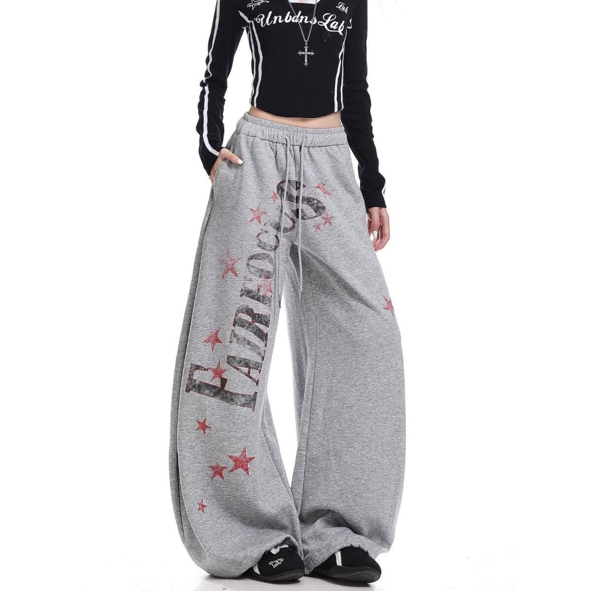 美式复古做旧字母星星印花弯刀卫裤男女潮牌宽松直筒休闲阔腿长裤