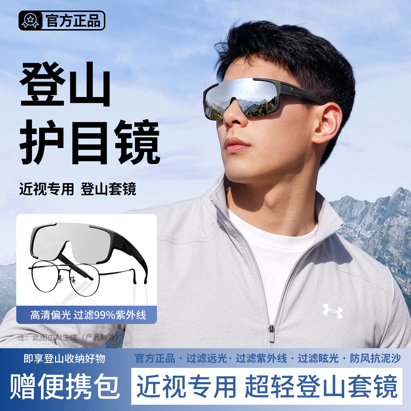 登山骑行户外近视防护套镜防晒防风沙防紫外线爬山徒步太阳眼镜男