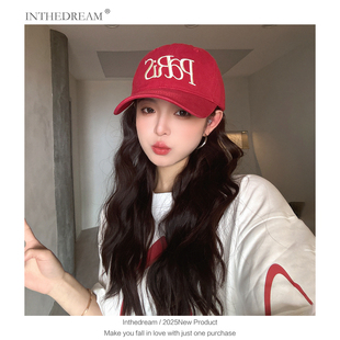 美式 复古红色字母棒球帽女遮阳帽大脸显脸小显白宽檐软顶鸭舌帽子
