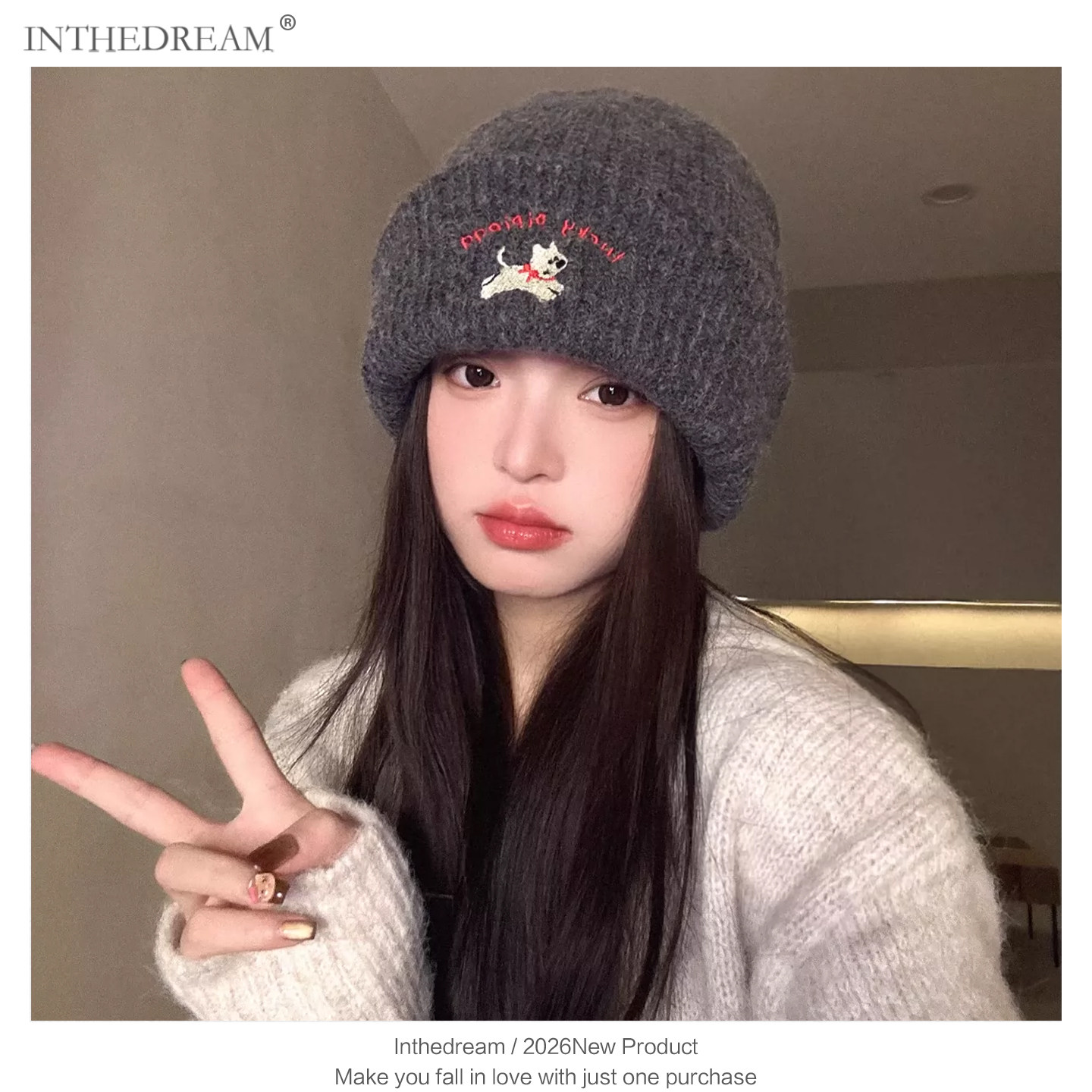 可爱小狗刺绣针织帽女2026新款秋冬季毛线帽显脸小大头围冷帽子