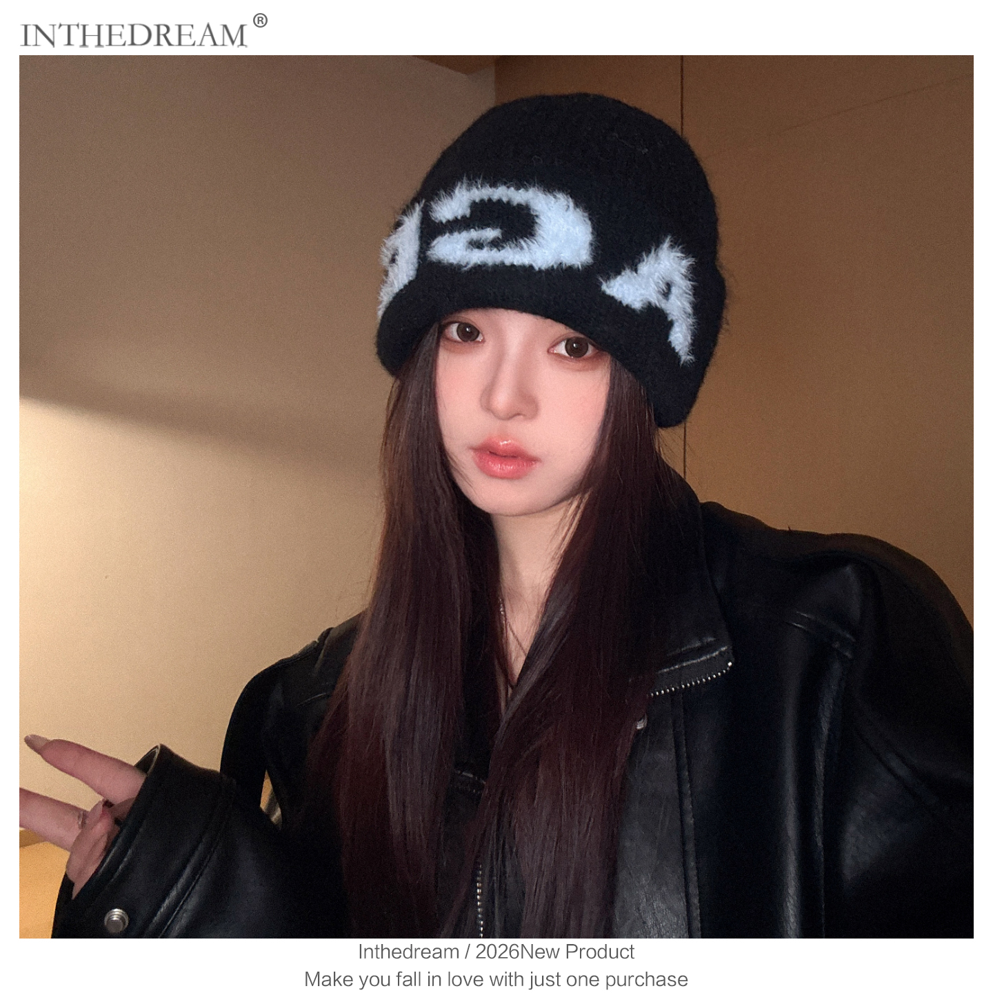 韩国时尚百搭字母毛线帽女生冬季加厚保暖护耳针织帽冷帽字母撞色