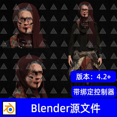 Blender写实老妇人奇幻部落巫婆人物带骨骼绑定控制器3D模型