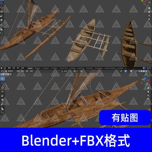 Blender古代独木舟船只3D资产包Ancient Canoes设计素材FBX C4D