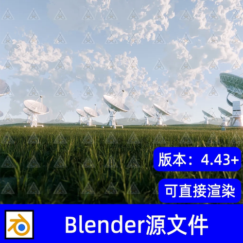 Blender写实射电望远镜场白色卫星天线草地自然环境3D模型源文件