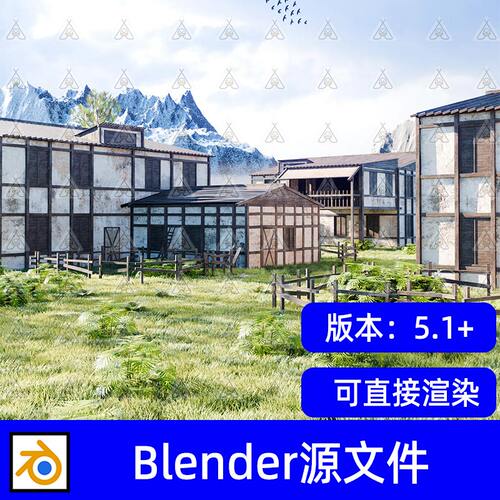 Blender自然山谷村庄中世纪木屋3D场景模型工程源文件设计素材