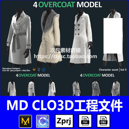 MD衣服素材CLO女式修身大衣风衣 ZPRJ打板设计纸样工程源文件OBJ