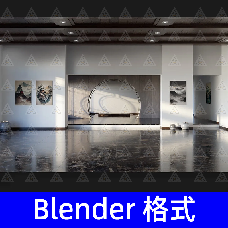 Blender现代亚洲国风客厅场景山水挂画拱门隔断3d模型