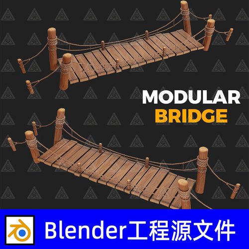 blender卡通风格化木桥绳索护栏木桩3d模型建模渲染工程文件