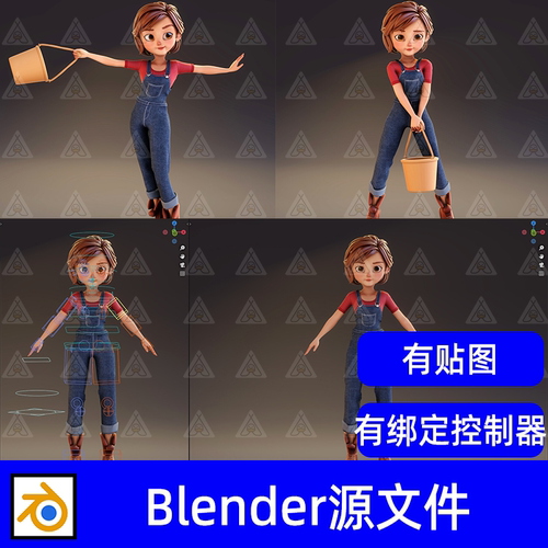 Blender卡通风格化农民女孩吉安娜人物带骨骼绑定3D模型有4K贴图