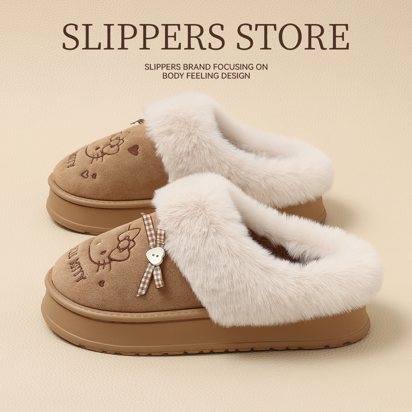 可爱kitty猫棉拖鞋女冬毛绒厚底