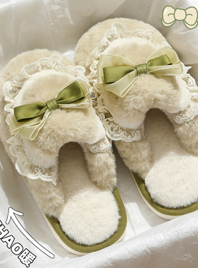 蝴蝶结棉拖鞋女款秋冬季2026新款室内家居厚底毛毛绒保暖月子棉拖