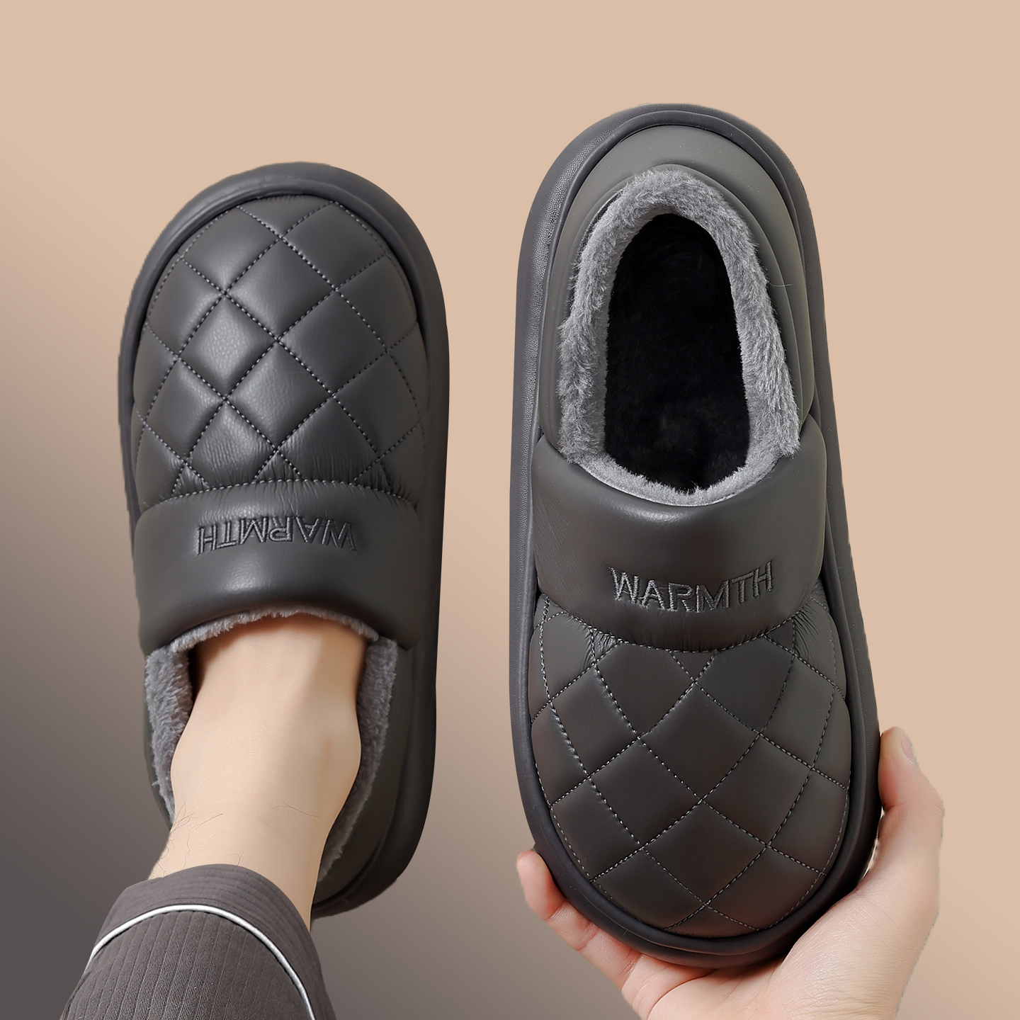 防水棉拖鞋男士冬季包跟加绒保暖