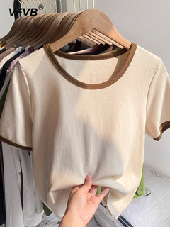 低圆领休闲短袖T恤女夏修身显瘦短款冰丝设计感高级小众针织上衣