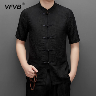 盘扣衬衫 套装 民族风立领短袖 休闲裤 t恤男2024夏新款 复古唐装 薄款