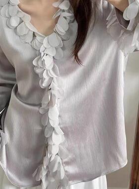 【正确版】气质高级感花边V领法式上衣女设计宽松垂感长袖衬衫