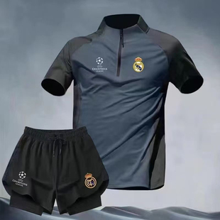 2526皇马欧冠足球服套装男夏季巴萨半拉链速干训练服短袖短裤球衣