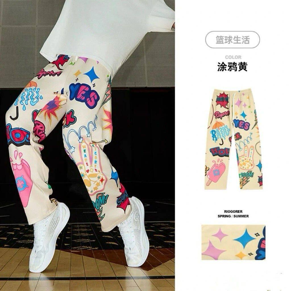 美式篮球训练花裤秋冬季九分裤男直筒潮流运动休闲裤针织个性长裤