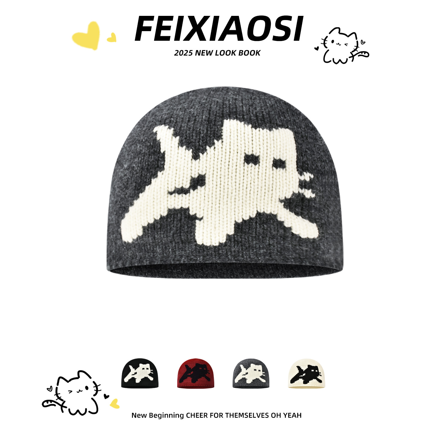 卡通小猫100%纯羊毛针织帽