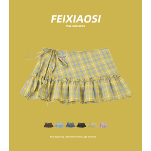 黄色甜美学院风格 子半身裙女荷叶边系带百褶短裙叠穿屁帘宽松型潮