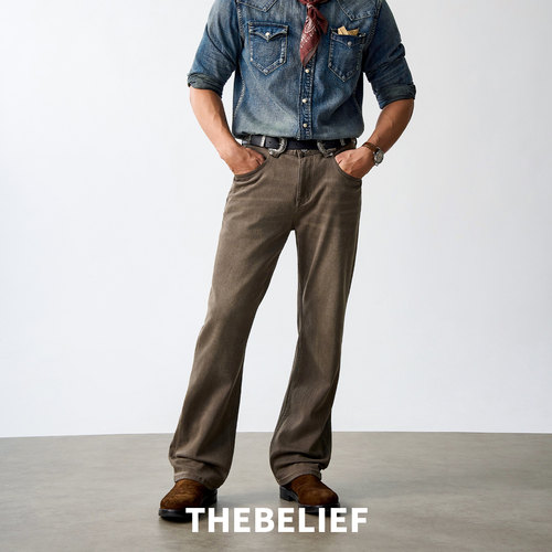 复古棕咖色微喇牛仔裤男士