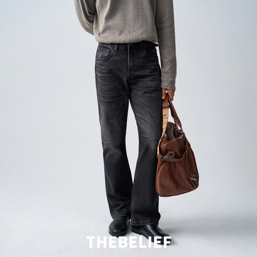 复古黑灰色微喇牛仔裤男