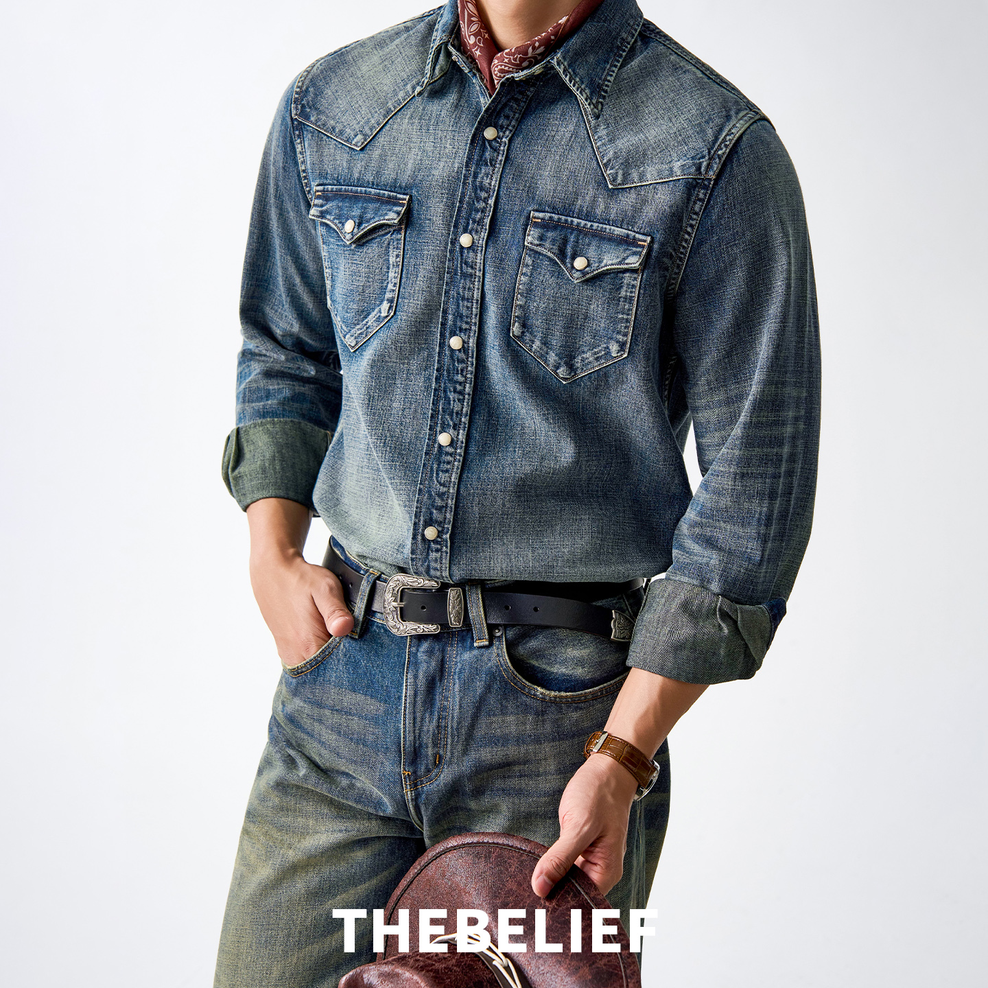 THEBELIEF美式休闲口袋西部牛仔衬衫男复古水洗做旧蓝色长袖衬衣
