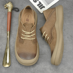 宽头男鞋2026春季新款休闲皮鞋男圆头系带软底舒适大头鞋子懒人鞋