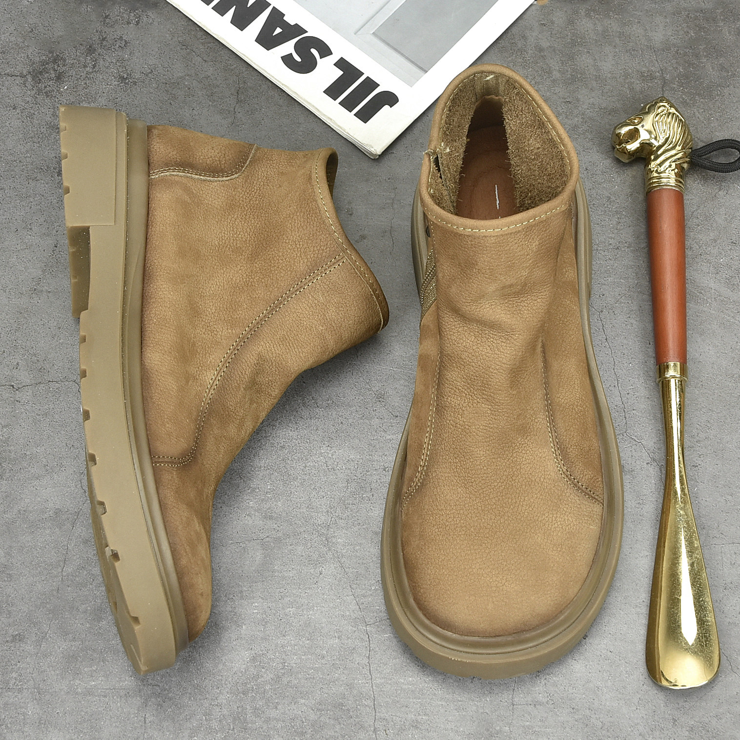 大头皮鞋男宽头休闲男鞋高帮马丁靴男复古磨砂皮短靴冬季加绒棉鞋