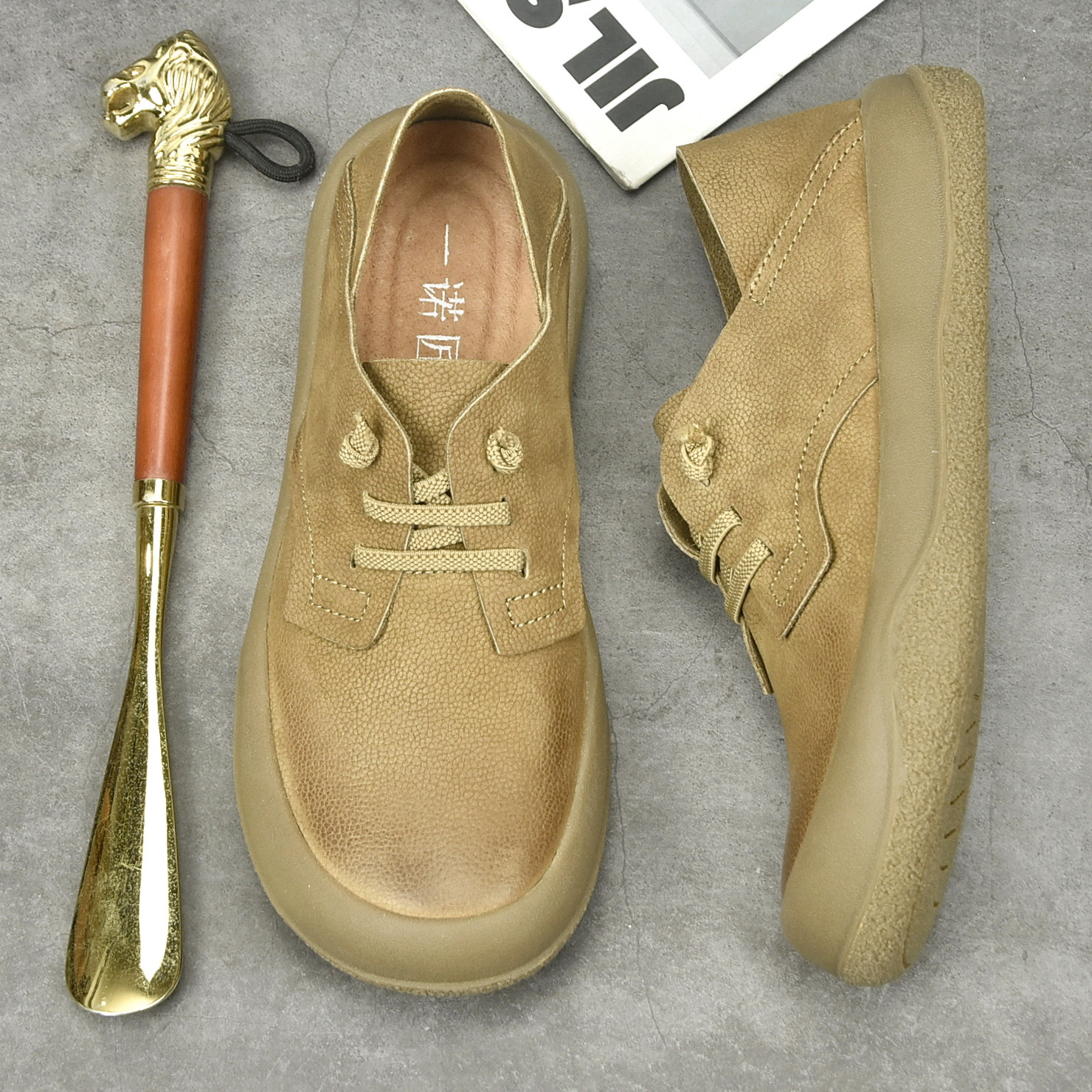 春季新款休闲皮鞋男头层牛皮圆头舒适软底懒人一脚蹬透气男鞋