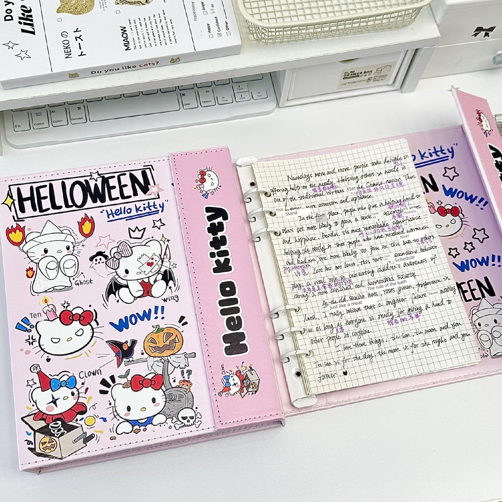 ins可爱卡通鬼鬼KT猫PU皮质活页本学生高颜值可拆卸A5记事笔记本