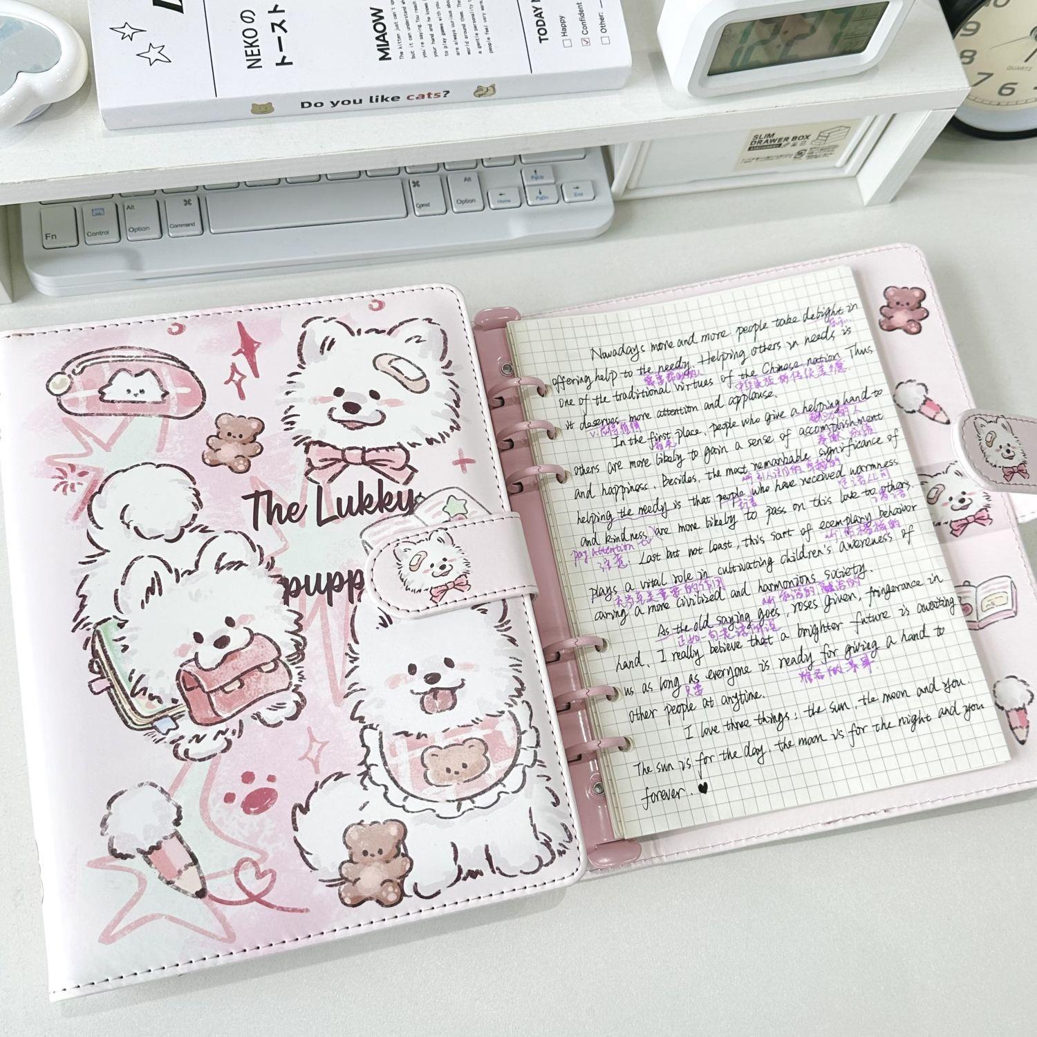 ins可爱高颜值学习小狗PU皮质活页本学生可拆卸A5笔记本记事本子