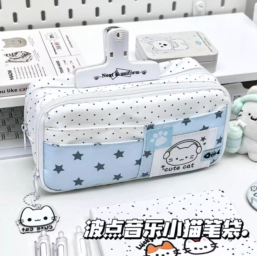 可爱卡通蓝色音乐波点小猫笔袋ins高颜值学生文具收纳大容量笔袋