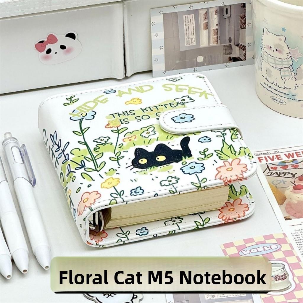 可爱花丛小猫M5手账本磁吸软皮活页本便捷随身笔记本日程本记事本