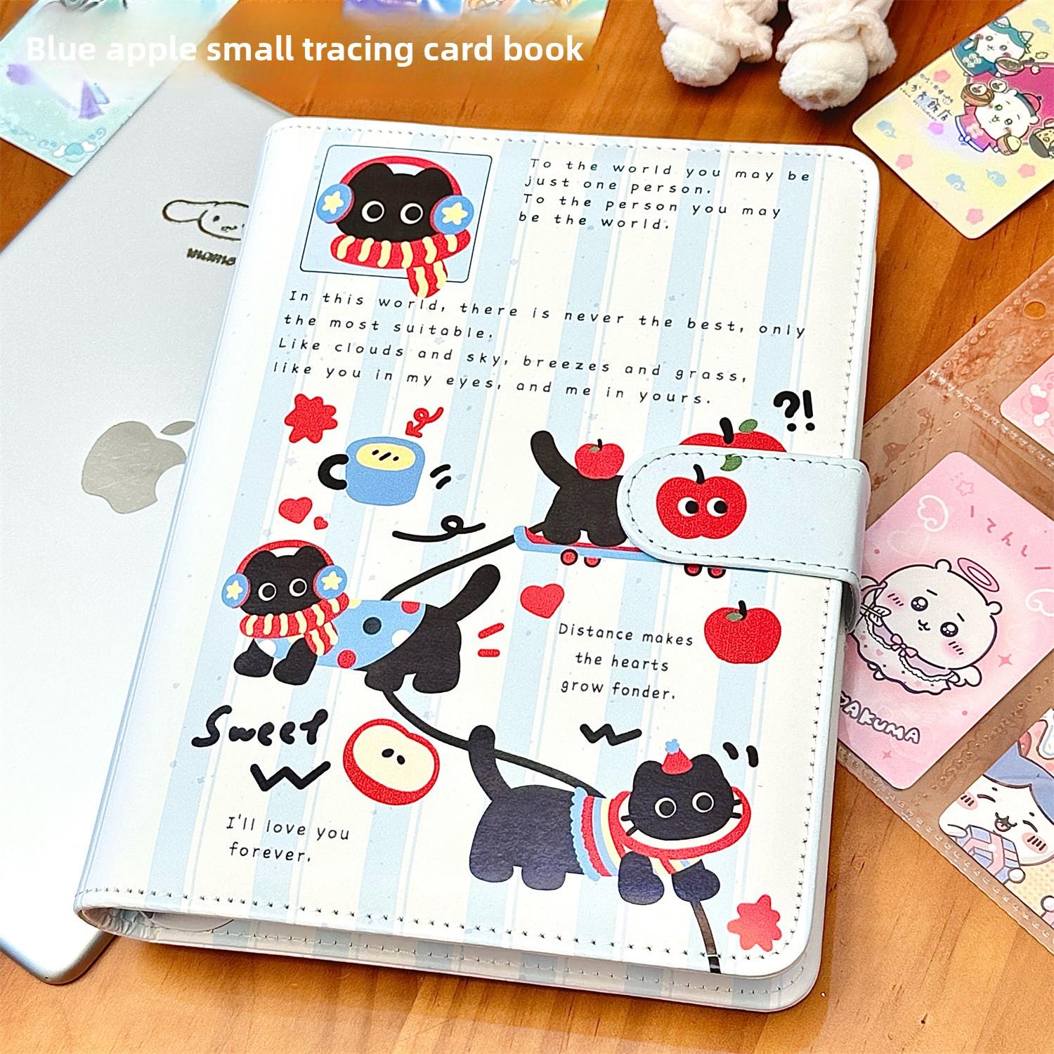 ins卡通原创蓝色苹果小猫pu卡册学生A5四宫格3寸小卡收纳册相册本