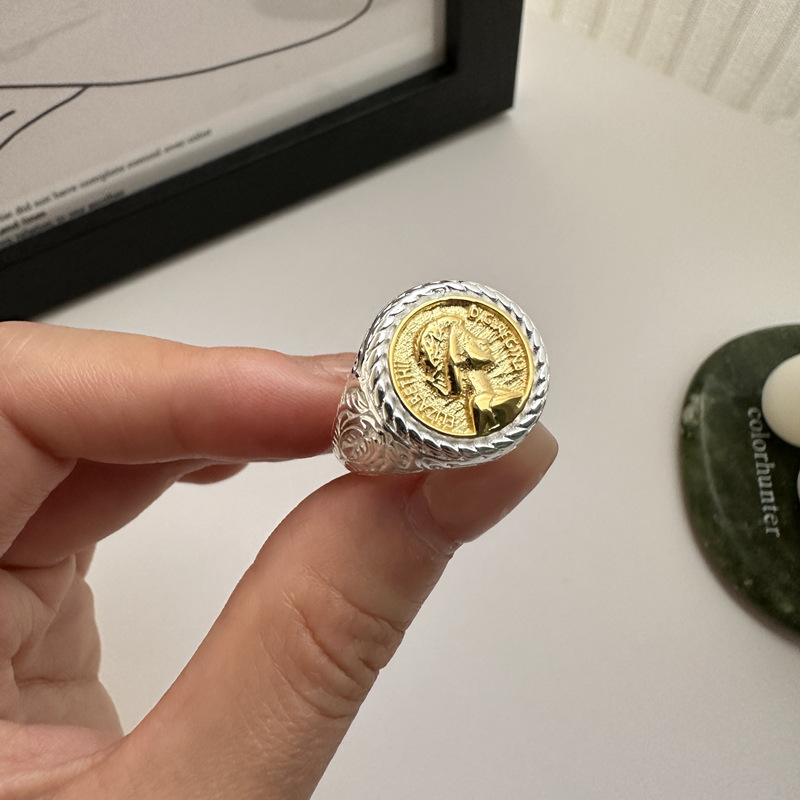 925纯银韩版小众设计感重工唐草纹古币戒指韩国风时髦个性指环批