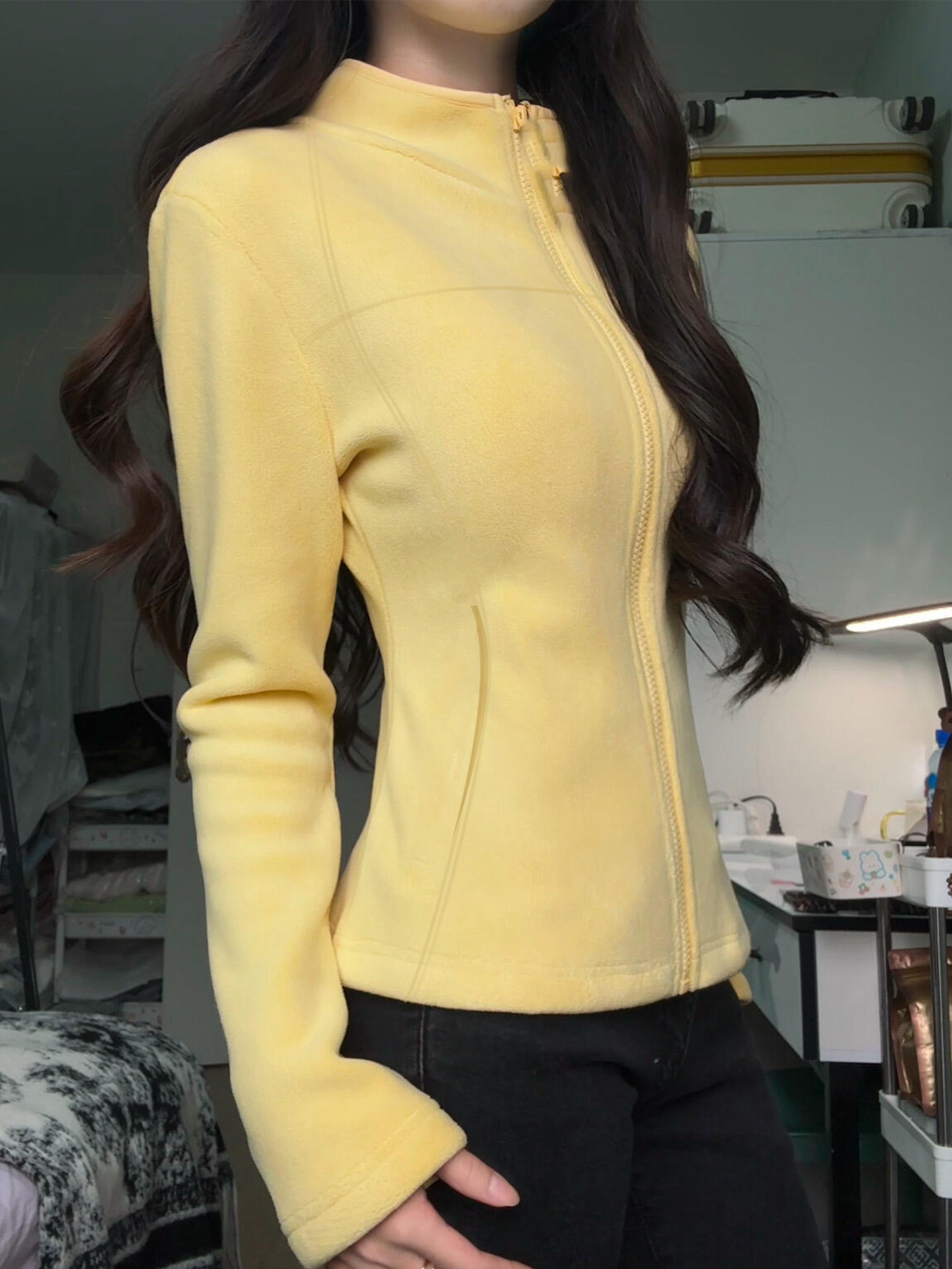 黄色修身摇粒绒外套女冬季抓绒冲锋衣内胆立领内搭加绒厚保暖卫衣