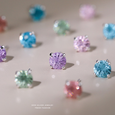 爆闪烟花切彩锆石耳钉女s999纯银百搭轻奢高级感水钻足银耳骨钉