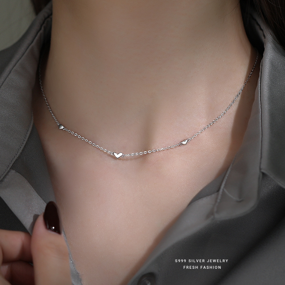 韩版小清新爱心项链女s999足银简约百搭小众轻奢叠戴锁骨链