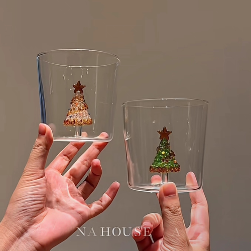 立体圣诞树姜饼人玻璃杯高颜值精致喝水果汁杯小众手工礼物牛奶杯