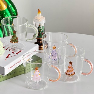 原创立体圣诞树钻石把手玻璃杯创意礼物ins高颜值喝水杯子果汁杯