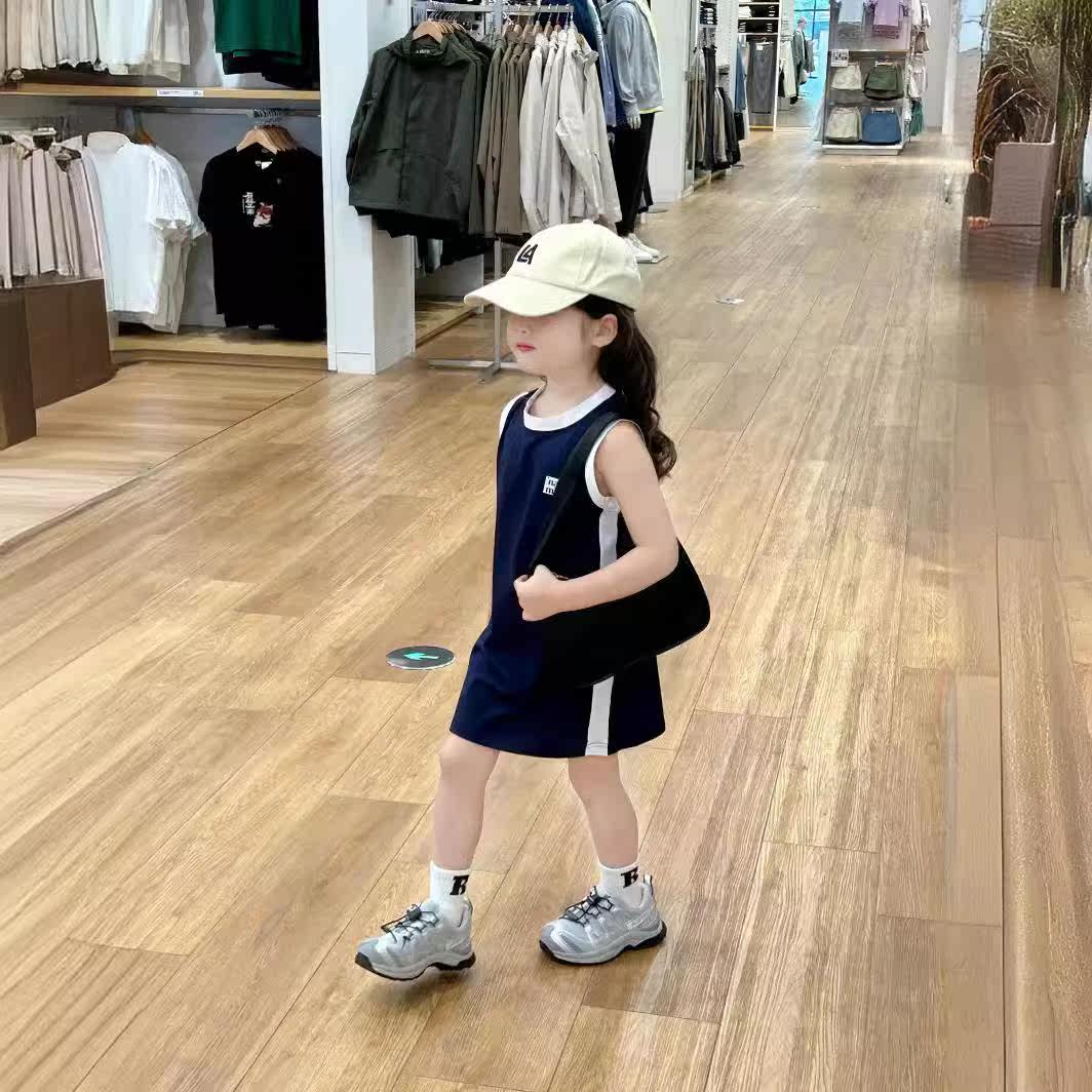 韩版童装2025夏款女童无袖背心连衣裙中小童儿童长款拼色运动风裙
