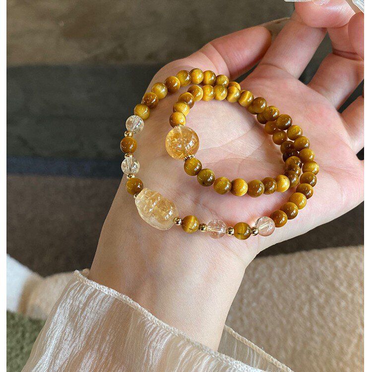双圈人造黄水晶手串貔貅招财转运仿金虎眼双圈手链小众设计高级感