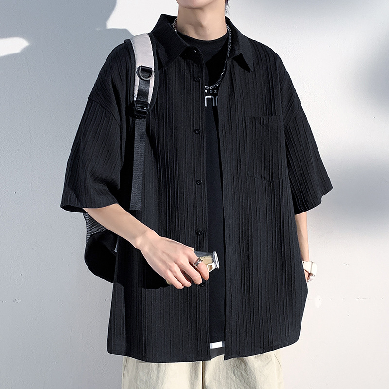 cleanfit黑色肌理感短袖衬衫男夏