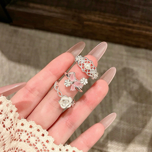 EmoPluto「粉蝶山茶笺」温柔个性白茶蕾丝珍珠戒指女韩系开口戒指