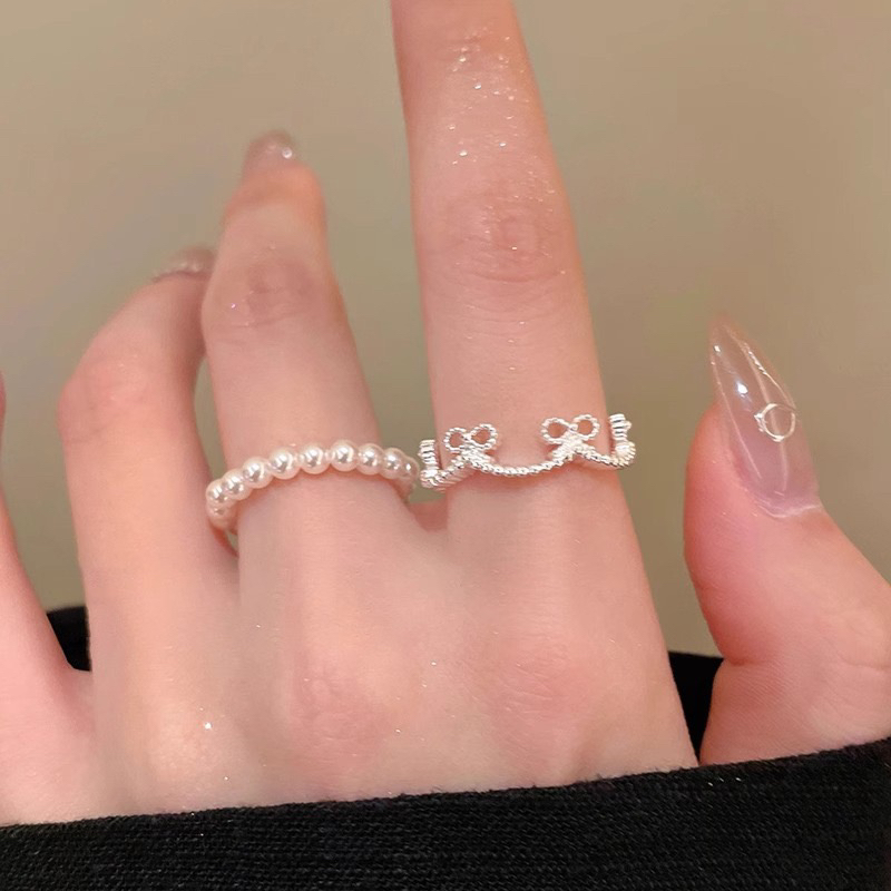 EmoPluto「沐月奶霜」蝴蝶结皇冠珍珠戒指纯白小众设计简约食指戒