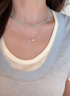 EmoPluto「蓝调海洋」小众碎银子蓝色项链叠戴双层锁骨链高级感