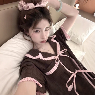甜美撞色蝴蝶结格纹睡衣女夏季